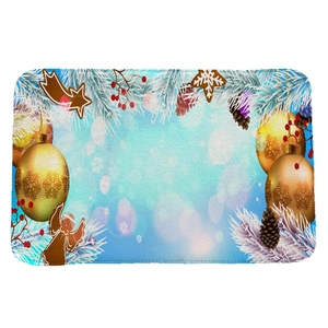 Light blue Christmas flannel absorbent floor mat with gold snowflake ornaments and red berries