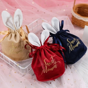 Velvet Rabbit Ear Drawstring Gift Bag Artificial Pearl Ribbon Candy Pouch Wedding Favor Jewelry Packaging