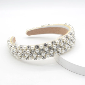 Baroque style wide headband with white pearls and sparkling crystals on soft fabric