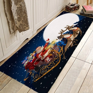 Christmas flannel mat featuring Santa sleigh scene on dark blue for cozy home decor