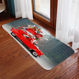 Cozy Christmas mat with red truck and gift design on brown wooden floor in living room