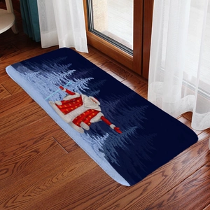Detailed close-up of a festive Christmas Santa Clause flannel rug on dark wood floor