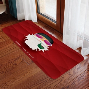 Modern Santa Claus red flannel Christmas floor mat with Merry Christmas text on wood floor
