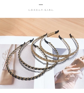Set of four elegant gold chain woven headbands featuring leather and rhinestone accents