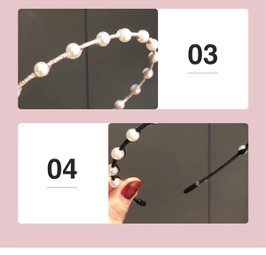Detail shot of pink and black slim pearl headbands with sparkling rhinestone accents