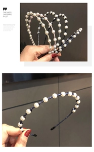 Detailed close-up of pearl headbands with colorful woven bands and white pearls