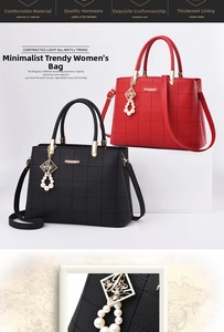Close-up of quilted embroidery texture and elegant pearl tassel pendant on handbags