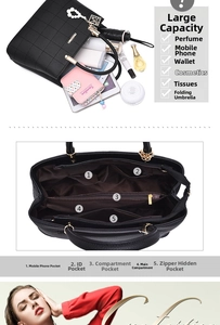 Detail of black quilted tote bag showing interior compartments and pearl charm detail
