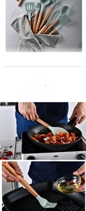 Detailed view of flexible mint green silicone kitchen utensils with sturdy wooden handles