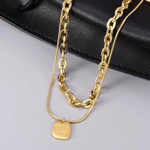 Gold double-layered stainless steel necklace with thick chain and engraved tag pendant