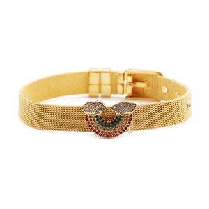 Adjustable golden mesh stainless steel bracelet featuring a colorful rainbow zircon charm