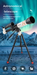 HD astronomical telescope with stable tripod and star finder on aurora background