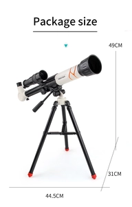 Detailed view of white astronomical telescope with packaging dimensions and alloy tripod