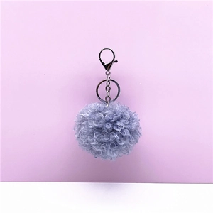 Close-up of grey curly faux fur pom-pom keychain with a shiny silver metal lobster clasp.