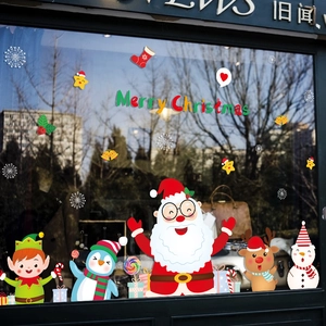 Christmas Window Stickers PVC Santa Claus Reindeer Snowflake Decals For Glass Shop Holiday Home Decoration Cartoon Festive