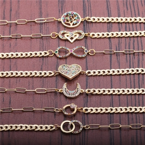 Gold Hip Hop bracelets set with colorful zircon infinity and heart charm pendants