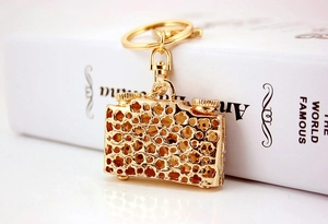 Close-up of golden camera keychain with hollow floral pattern on white background