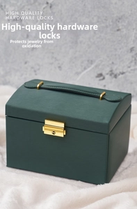 Detail of premium green leather jewelry box featuring a vintage gold metal lock and handle