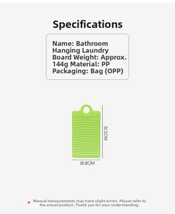 Green plastic washboard detail with non-slip ridges and specifications for home laundry