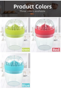 Manual citrus juicers with measuring scales and colorful lids in red, green, and blue