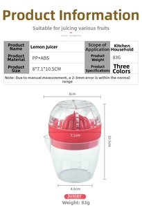 Detailed view of the 8x10.5cm manual lemon squeezer with clear scale and red components