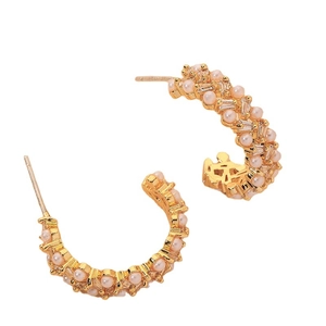Golden C-shaped hoop earrings with inlaid pearls and rectangular zircons in a vintage style