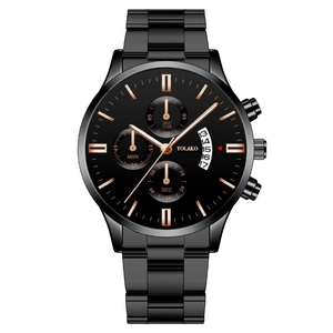 YOLAKO Business Men's Black Stainless Steel Watch with Rose Gold Hands and Date Window