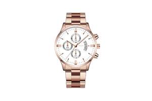 Macro detail of Yolako rose gold chronograph watch showing the date window and white dial