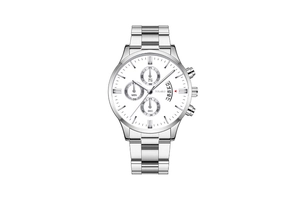 Detailed view of the silver watch dial with three sub-dials and curved date window display