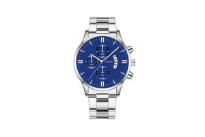 Detail of blue dial with chronograph sub-dials and date window on a steel business watch