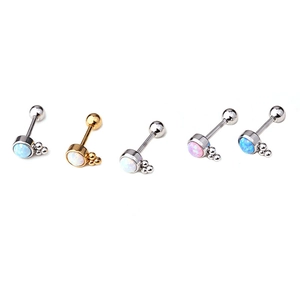 Minimalist stainless steel cartilage stud earrings with opal stone in gold and silver finish