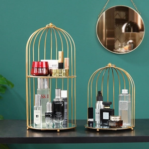 Birdcage gold metal makeup organizer rack with mirror base for perfume storage