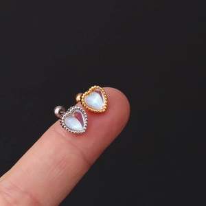 Minimalist heart moonstone ear studs with colorful gems in gold and silver stainless steel