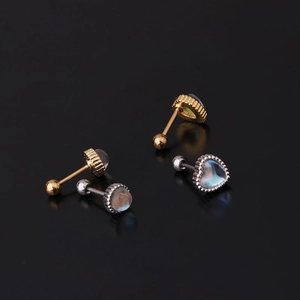 Minimalist round and heart moonstone ear studs in gold and silver stainless steel