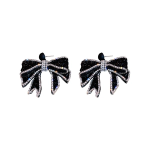 Sparkling black bow earrings with silver rhinestones and silver pins for elegant women