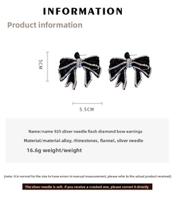 Detailed view of black velvet bow earrings with rhinestones and 925 silver needle info