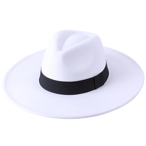 Classic white fedora hat with wide brim and black grosgrain ribbon for men and women