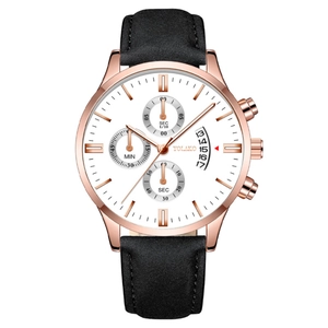 Men's rose gold quartz chronograph watch with white dial and black leather strap