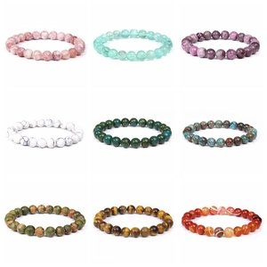 Detailed grid view showing various 8mm natural stone beads with polished textures