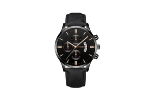 Detail of Yolako men's chronograph watch with black leather strap and calendar dial