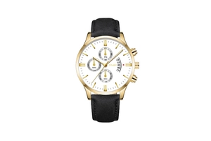 Detail of gold case watch with three-eye dial, calendar display and black leather strap