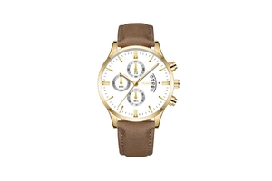 Detail view of gold-tone watch with white dial, chronograph subdials and brown leather strap