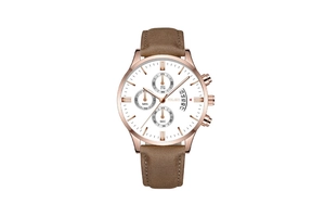 Detail of rose gold quartz watch featuring white dial, chronograph sub-dials and date