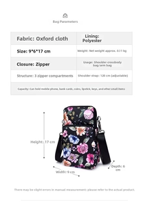 Detail specifications of oxford cloth crossbody arm bag showing sizes and triple zippers