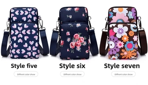 Three stylish printed crossbody phone bags with floral and heart patterns shown together