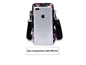 Mini floral phone bag shown with a silver iPhone for precise size comparison