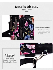 Detail of floral mini crossbody bag showing smooth zippers and durable metal hooks