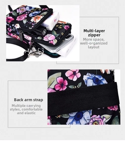 Detailed view of floral phone bag with multi-layer zippers and elastic arm band