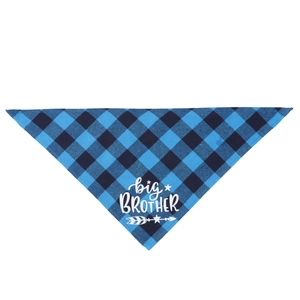 Detail of blue and black plaid cotton dog bandana with white big BROTHER print design