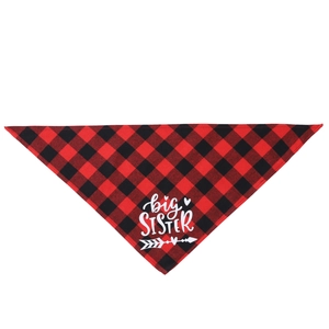 Close-up of red and black plaid dog bandana with big SISTER print on white background